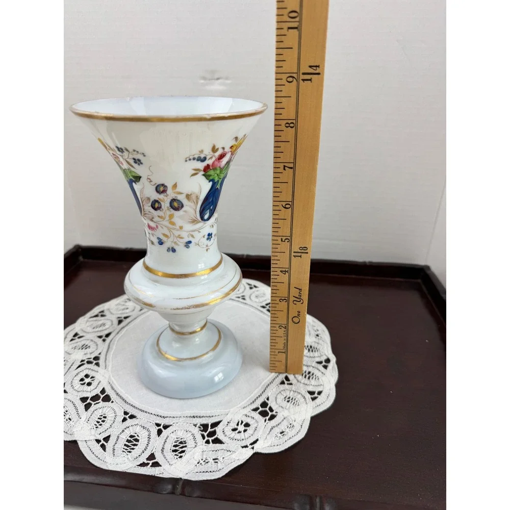 Antique 19thC Bohemian French Opaline Milk Glass Footed Vase Hand Painted Floral